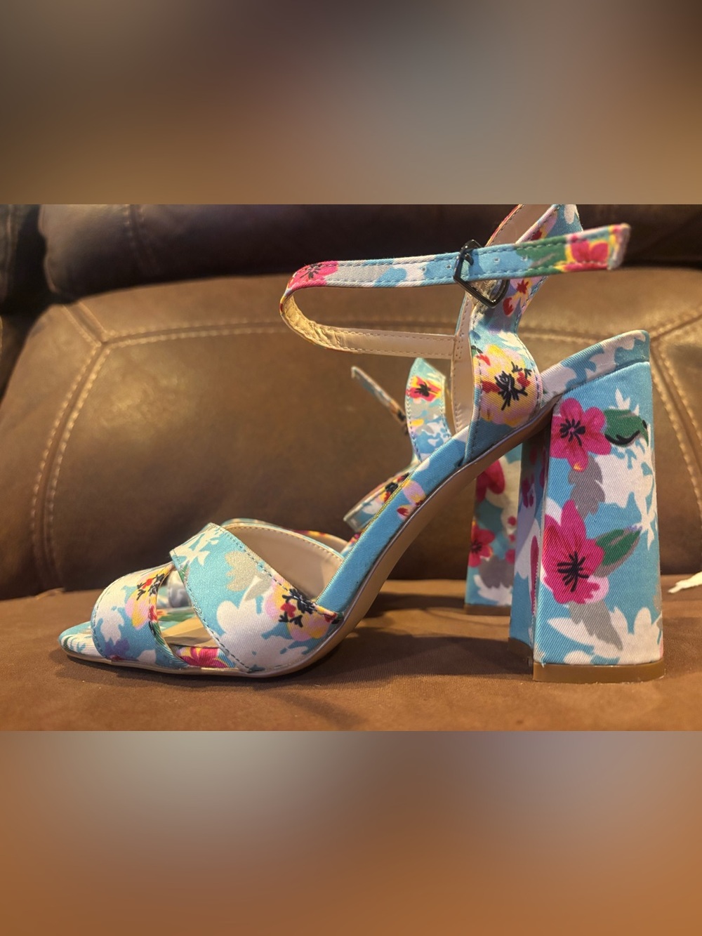 Nicole Miller Blue Floral Ankle-Strap Block Heels